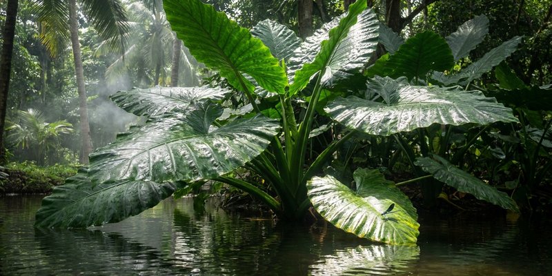 Alocasia creciendo en su hábitat natural junto al agua