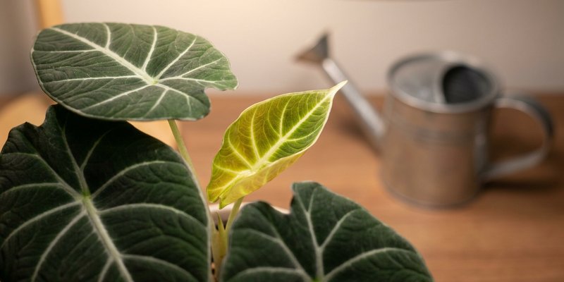 Hoja nueva de alocasia con tinte amarillo, señal de alerta