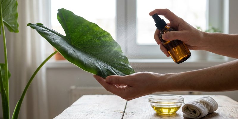 Aplicando tratamiento de jabón potásico en una hoja de alocasia