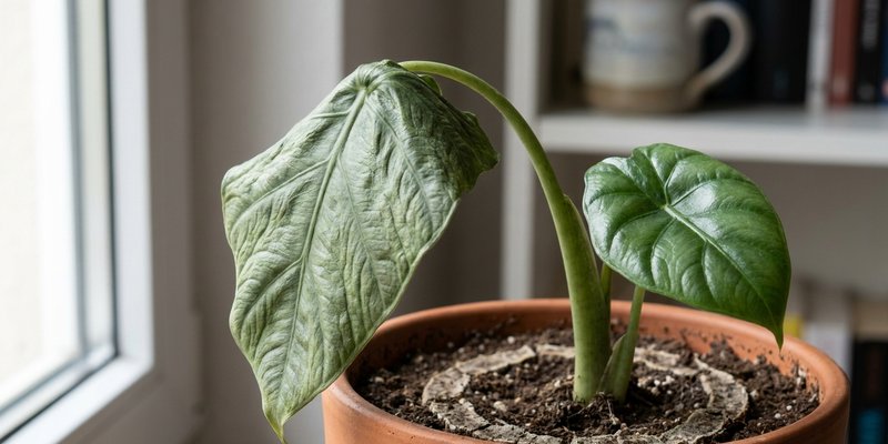 Hoja de alocasia doblada por falta de agua