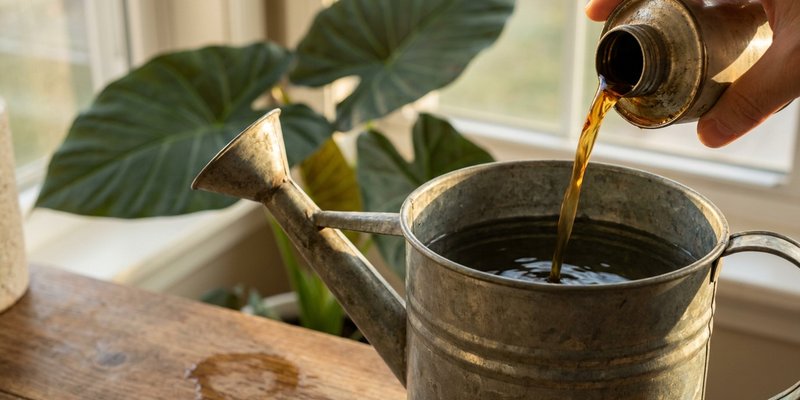 Añadiendo abono líquido al agua de riego de la alocasia