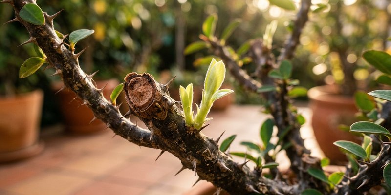 Brotes nuevos en una rama de Corona de Cristo tras la poda