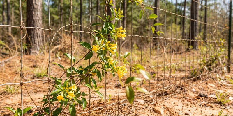 Gelsemium trepando una cerca de alambre junto a un bosque de pinos