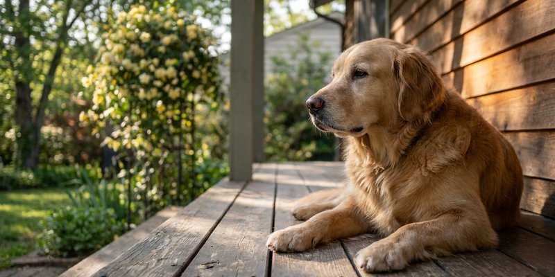 Perro tranquilo descansando lejos de un Gelsemium en flor