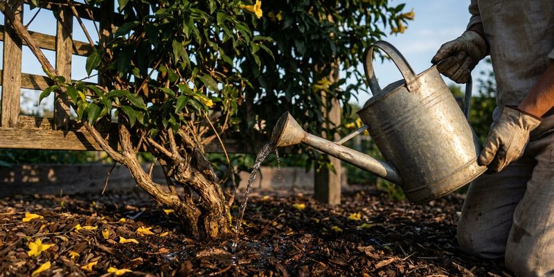 Jardinero regando la base de un Gelsemium con regadera metálica