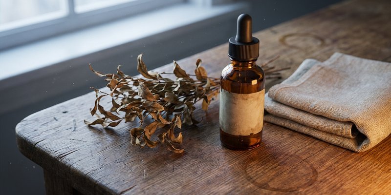 Frasco de homeopatía junto a ramas secas de Gelsemium
