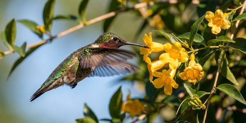 Colibrí alimentándose de las flores amarillas del Gelsemium