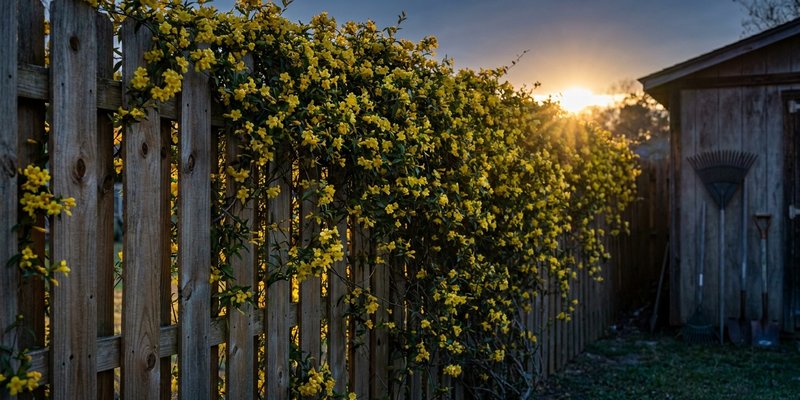 Cerca completa cubierta de flores de Gelsemium al atardecer
