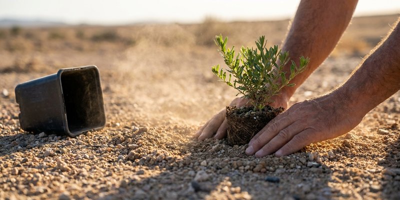 Trasplante de una Genista joven en suelo arenoso pobre