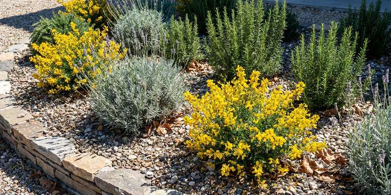 Jardín mediterráneo con Genista, lavanda y romero