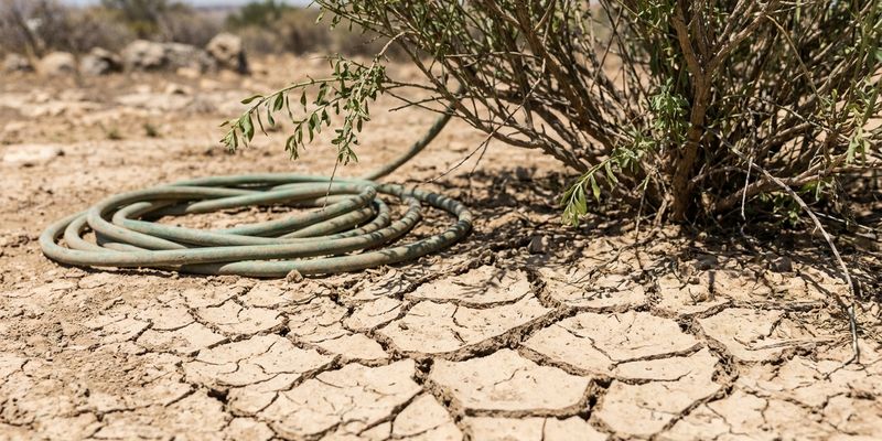 Suelo seco junto a una manguera de jardín sin usar cerca de una Genista