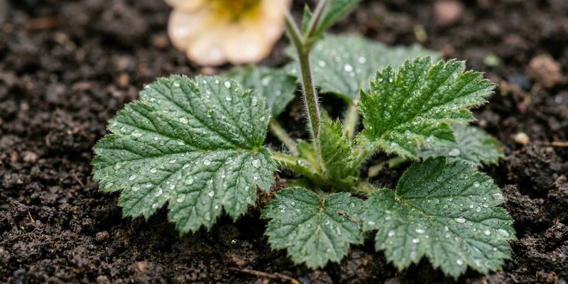 Roseta de hojas de Geum con gotas de rocío