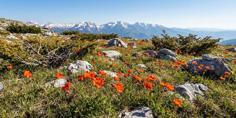 Paisaje de montaña en los Balcanes, hábitat natural del Geum