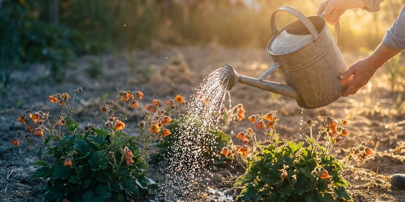 Jardinero regando Geum con regadera en verano