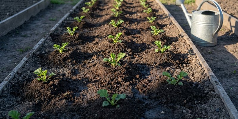 Plántulas de Geum recién divididas y trasplantadas en fila