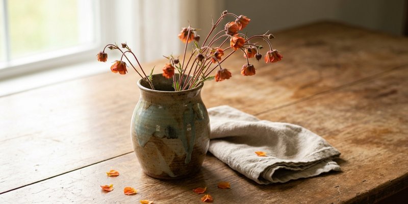 Flores de Geum cortadas en un jarrón sobre mesa de madera
