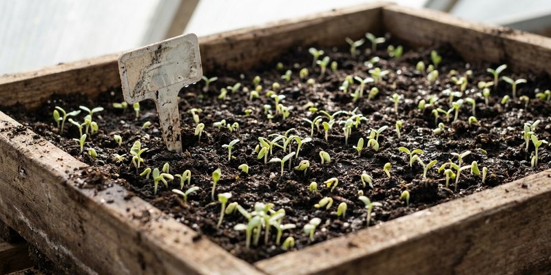 Semillero de Geum germinando en otoño