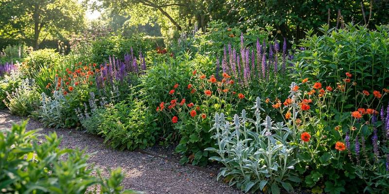 Borde de jardín perenne mixto con flores naranjas de Geum