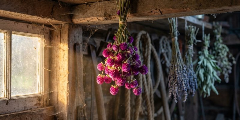 Ramillete de flores de Gomphrena secándose boca abajo