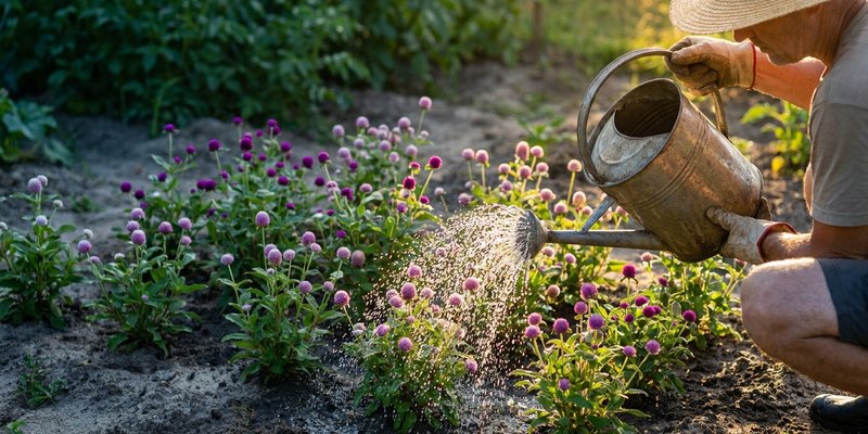 Jardinero regando plantas jóvenes de Gomphrena por la mañana