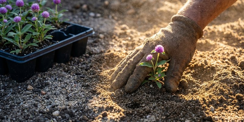 Trasplante de una plántula de Gomphrena en suelo arenoso