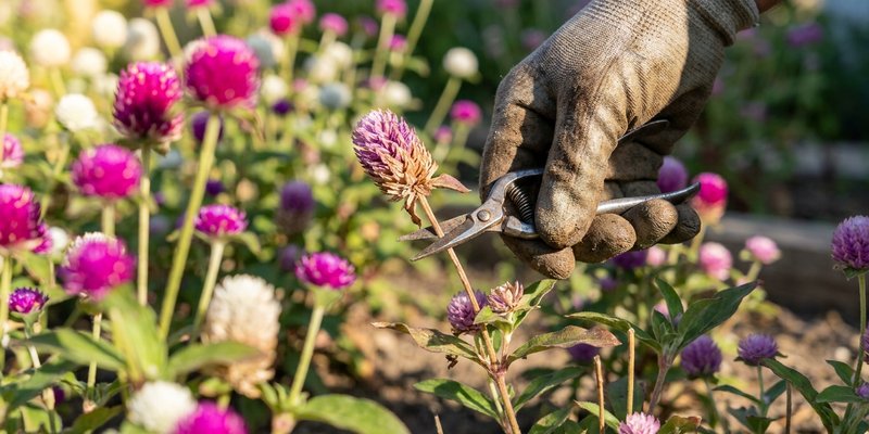 Jardinero cortando una flor marchita de Gomphrena con tijeras