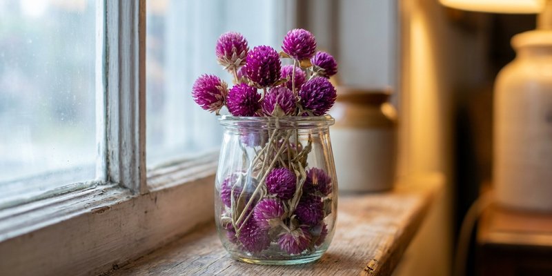 Frasco con flores secas de Gomphrena como decoración
