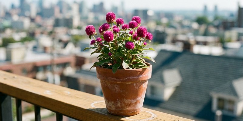 Maceta de Gomphrena floreciendo en un balcón soleado