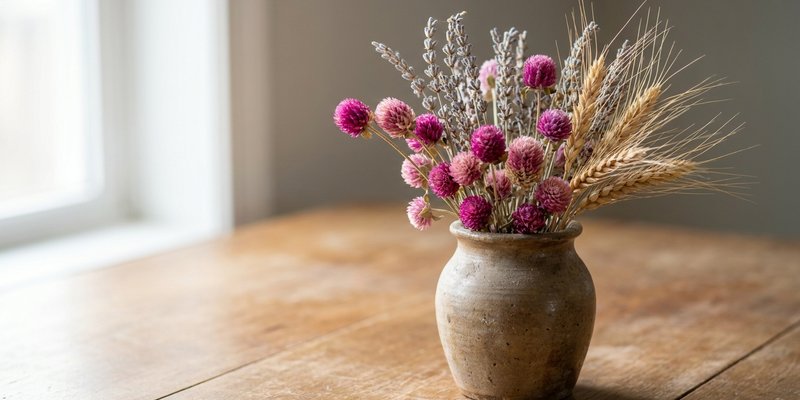 Arreglo de flores secas con Gomphrena, lavanda y trigo
