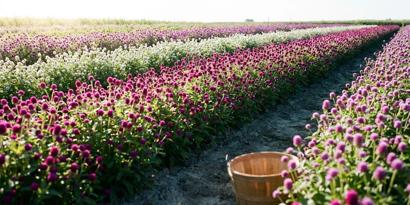 Hileras de cultivo de Gomphrena para flor de corte