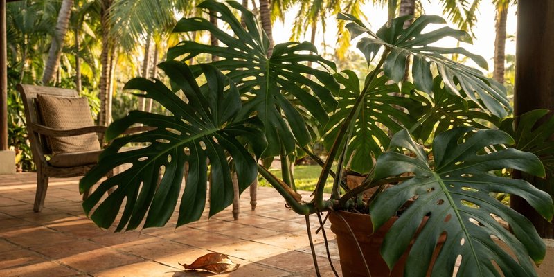 Hojas de monstera deliciosa moviéndose con el viento en el exterior