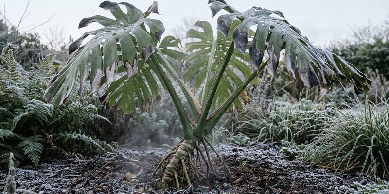 Monstera deliciosa con daño por helada en el exterior