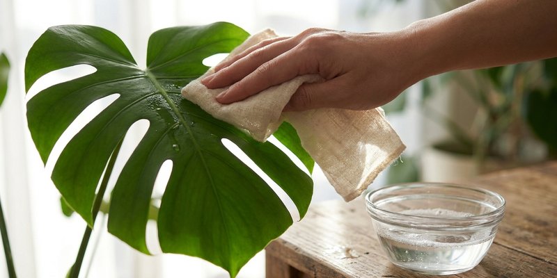 Limpieza de las hojas de monstera con un paño y jabón potásico
