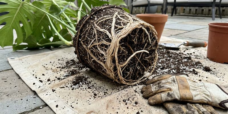 Trasplante de monstera deliciosa, raíces sobre la maceta