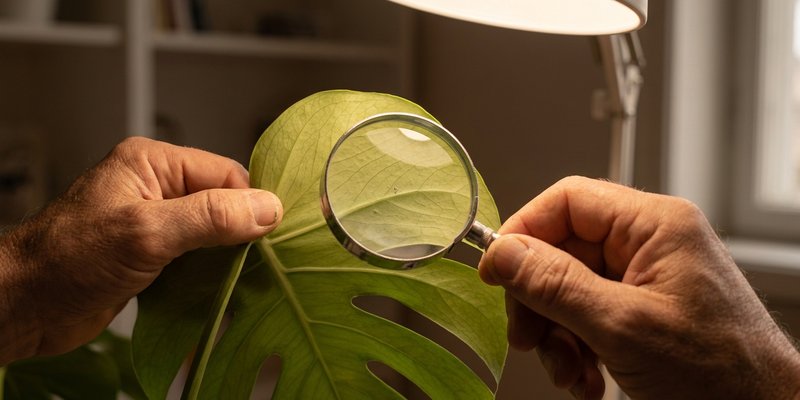 Revisando el envés de una hoja de monstera en busca de plagas