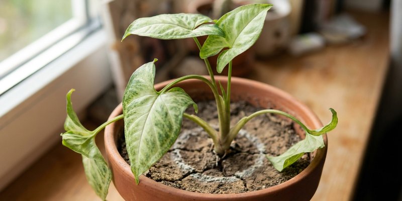 Hojas de singonio dobladas por falta de agua