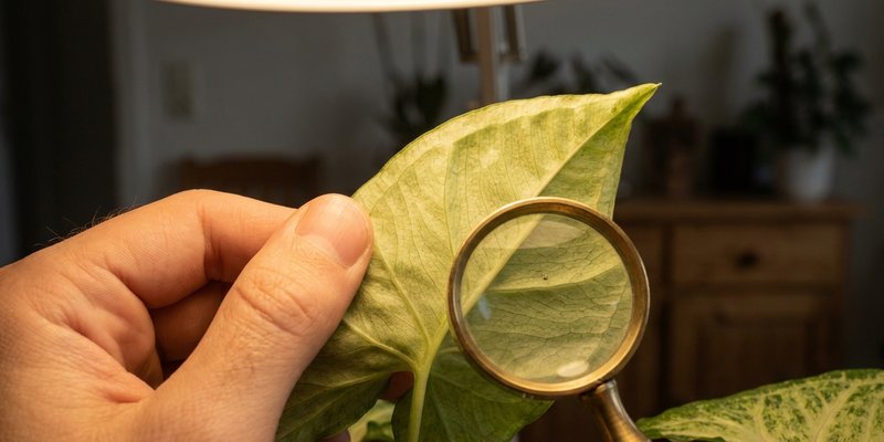 Revisando el envés de una hoja de singonio en busca de plagas