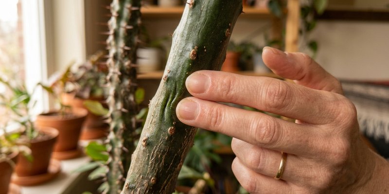 Mano comprobando la firmeza del tallo de una Corona de Cristo